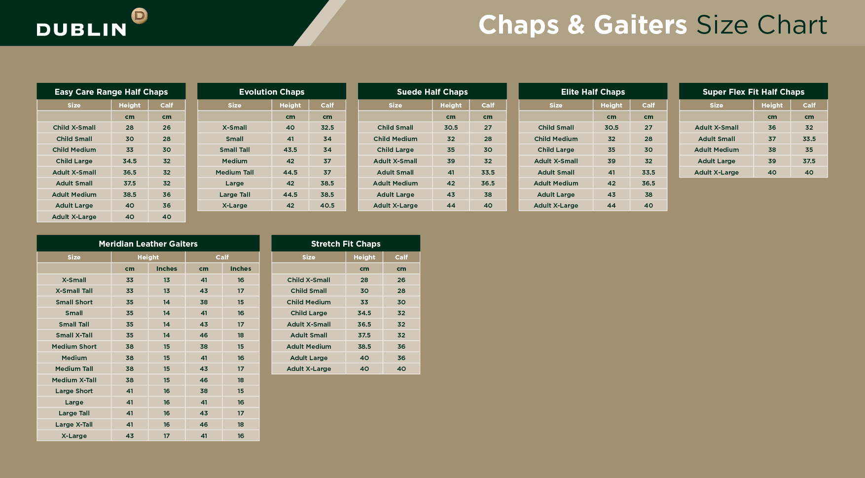 brogini gaiters size chart